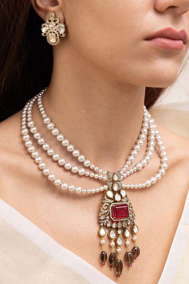 Gold Finish Pearl & Ruby Layered Necklace Set by Joules By Radhika at Pernia's Pop Up Shop