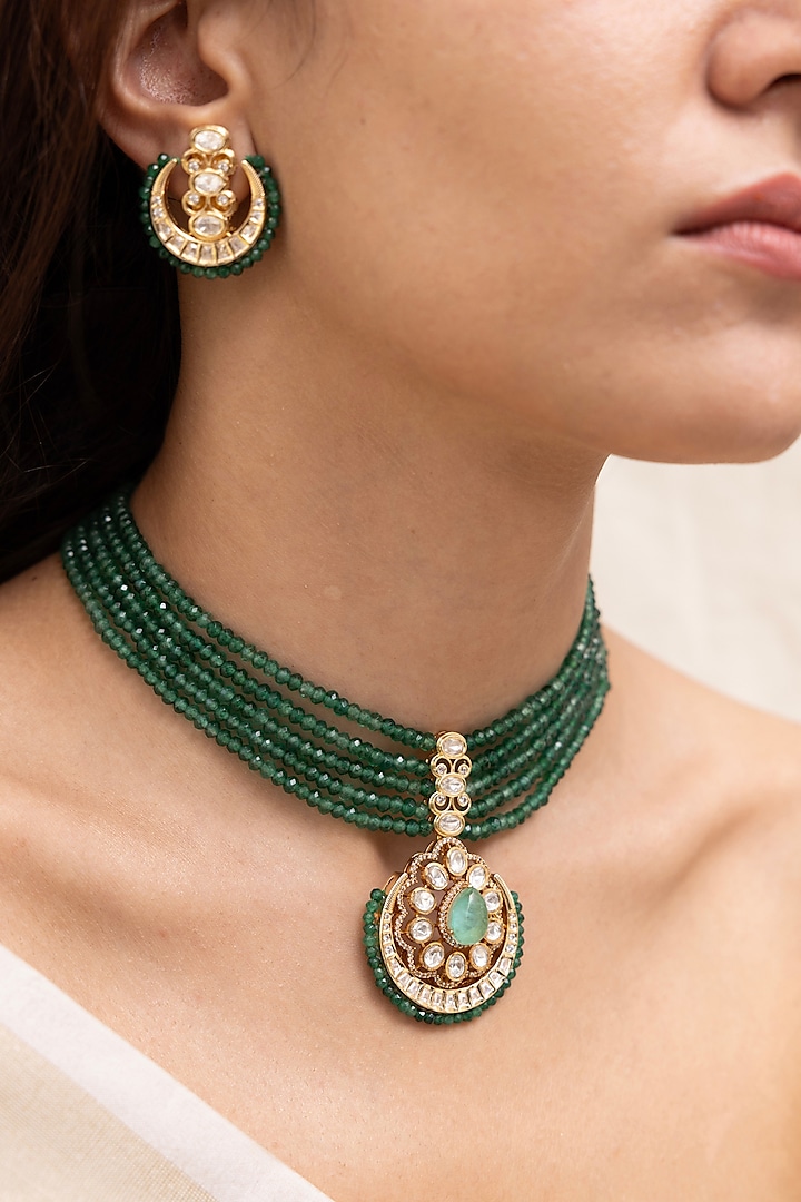 Gold Finish Kundan Polki & Pearl Choker Necklace Set by Joules By Radhika at Pernia's Pop Up Shop