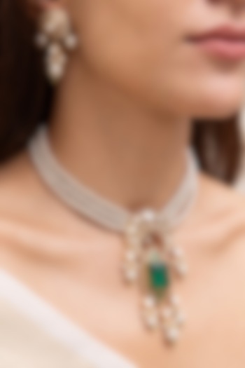 Gold Finish Green Stone & Pearl Layered Necklace Set by Joules By Radhika at Pernia's Pop Up Shop