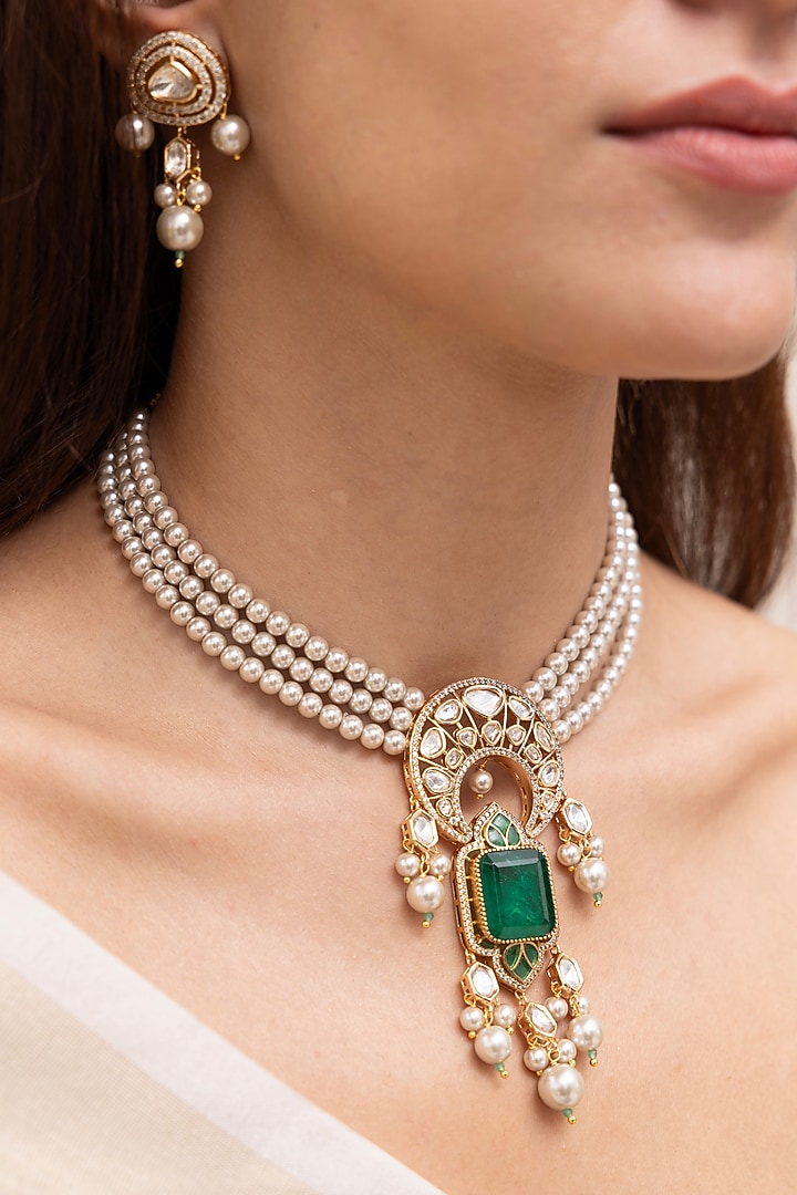 Gold Finish Green Stone & Pearl Layered Necklace Set by Joules By Radhika at Pernia's Pop Up Shop