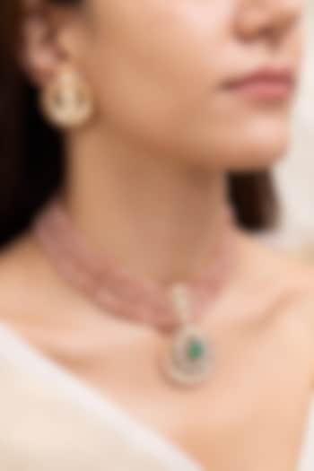 Gold Finish Pink Beaded & Kundan Polki Choker Necklace Set by Joules By Radhika at Pernia's Pop Up Shop
