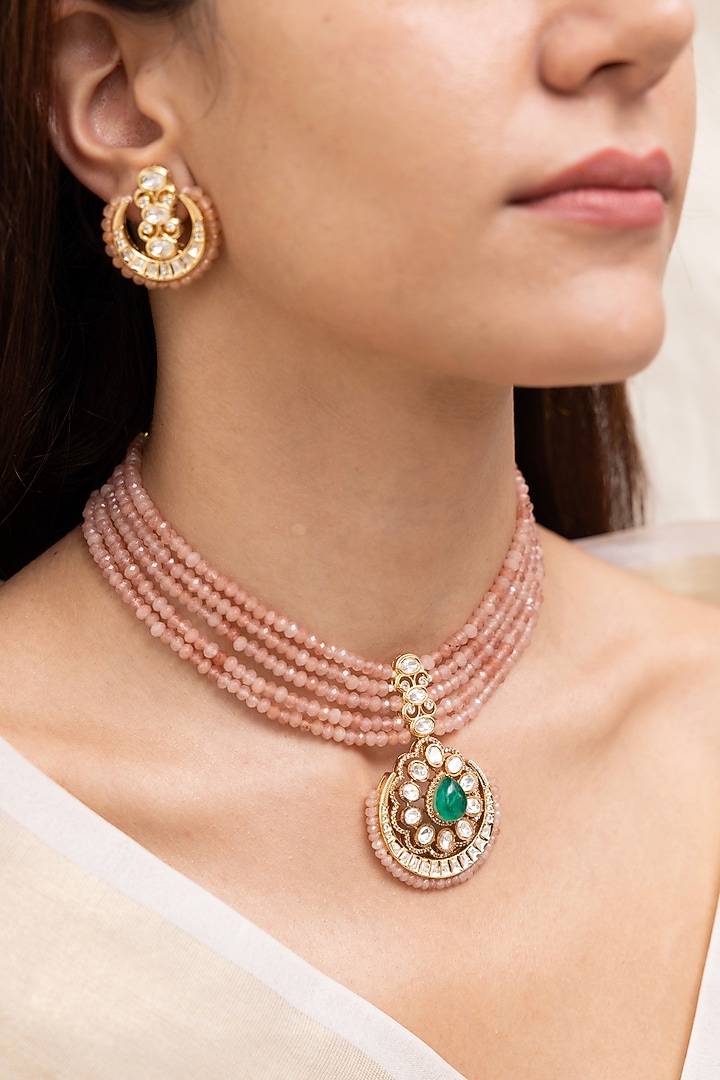 Gold Finish Pink Beaded & Kundan Polki Choker Necklace Set by Joules By Radhika at Pernia's Pop Up Shop