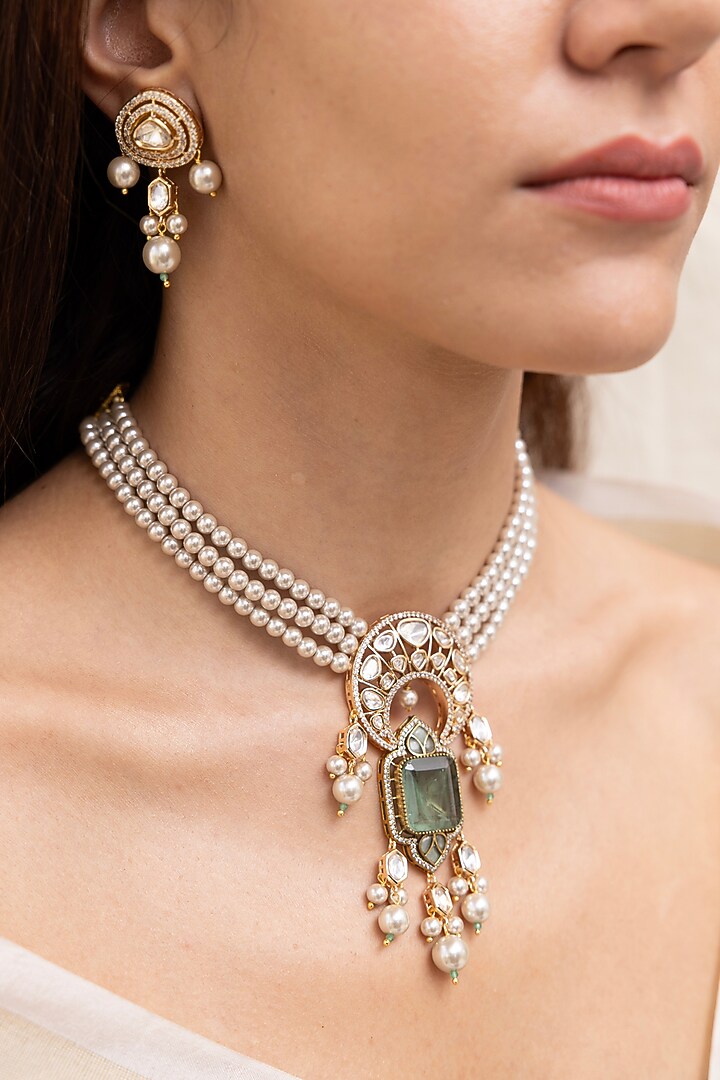 Gold Finish Kundan Polki & Pearl Layered Necklace Set by Joules By Radhika at Pernia's Pop Up Shop