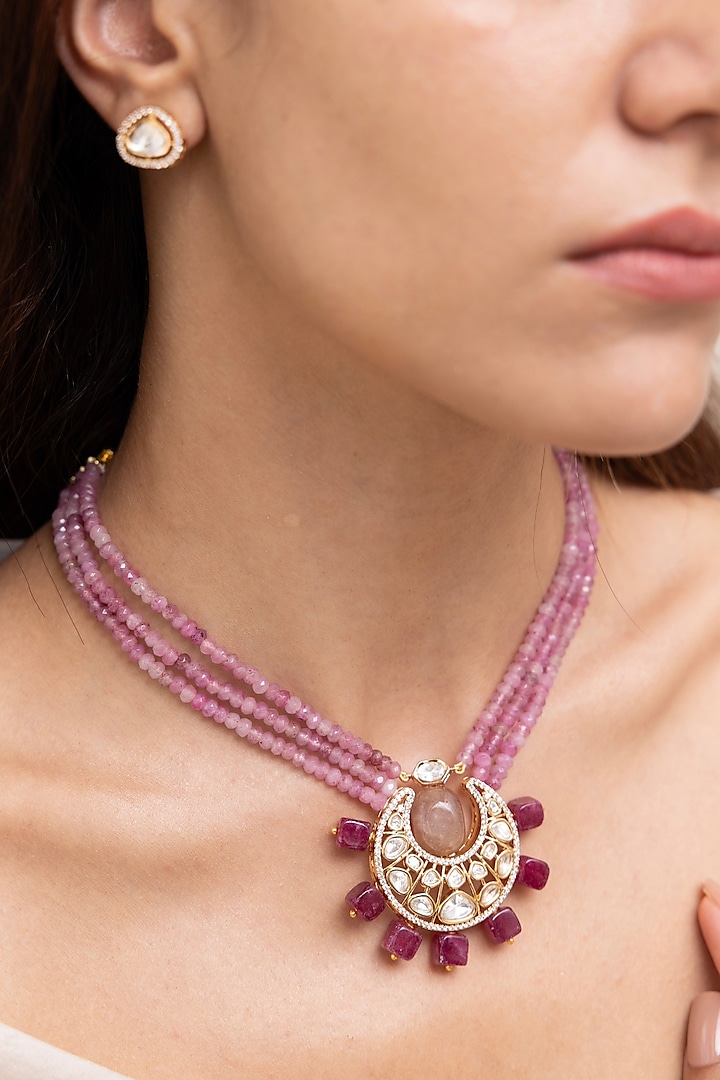 Gold Finish Kundan Polki & Beaded Choker Necklace Set by Joules By Radhika at Pernia's Pop Up Shop