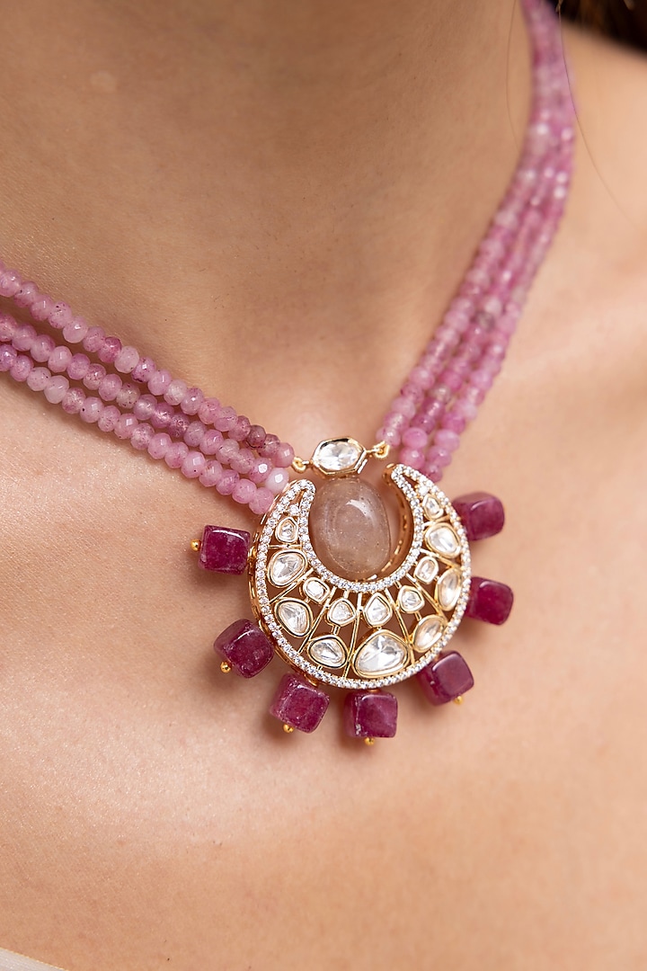 Gold Finish Kundan Polki & Beaded Choker Necklace Set by Joules By Radhika at Pernia's Pop Up Shop
