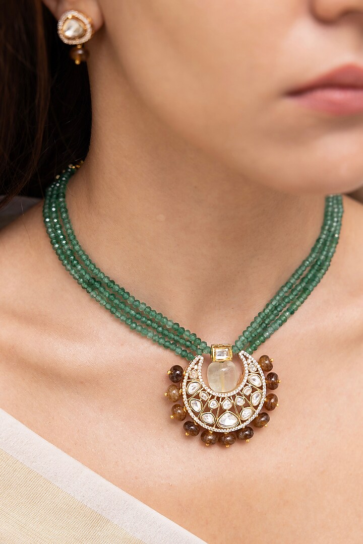 Gold Finish Kundan Polki & Beaded Choker Necklace Set by Joules By Radhika at Pernia's Pop Up Shop