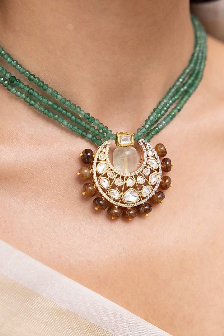 Gold Finish Kundan Polki & Beaded Choker Necklace Set by Joules By Radhika at Pernia's Pop Up Shop