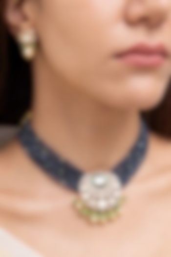 Gold Finish Kundan Polki & Beaded Layered Choker Necklace Set by Joules By Radhika at Pernia's Pop Up Shop