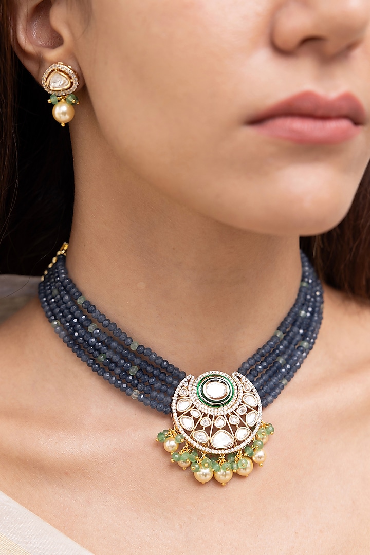 Gold Finish Kundan Polki & Beaded Layered Choker Necklace Set by Joules By Radhika at Pernia's Pop Up Shop
