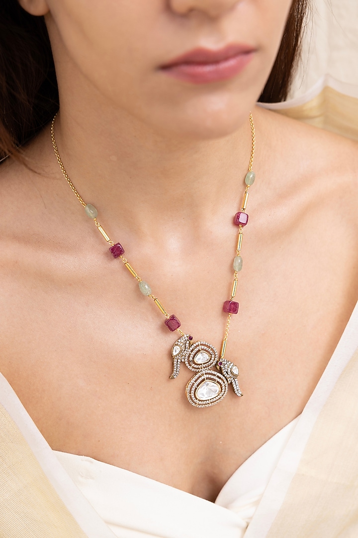 Gold Finish Kundan Polki & Beaded Necklace by Joules By Radhika at Pernia's Pop Up Shop