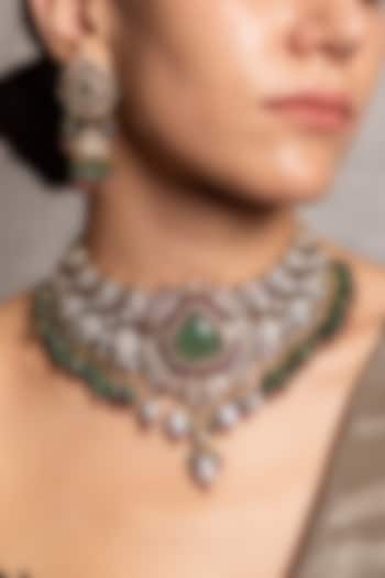 Gold Finish Kundan Polki & Green Stone Choker Necklace Set by Joules By Radhika at Pernia's Pop Up Shop
