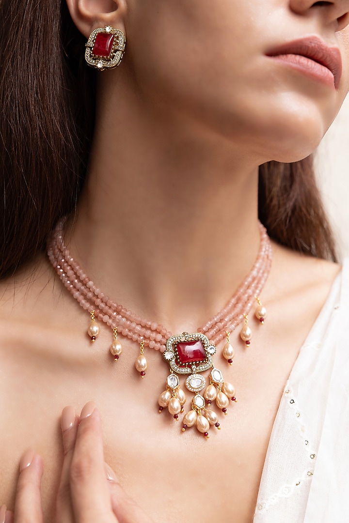 Gold Finish Ruby Stone & Beaded Choker Necklace Set by Joules By Radhika at Pernia's Pop Up Shop