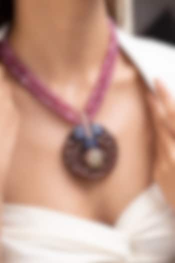 Gold Finish Pink Beaded Floral Pendant Necklace by Joules By Radhika at Pernia's Pop Up Shop