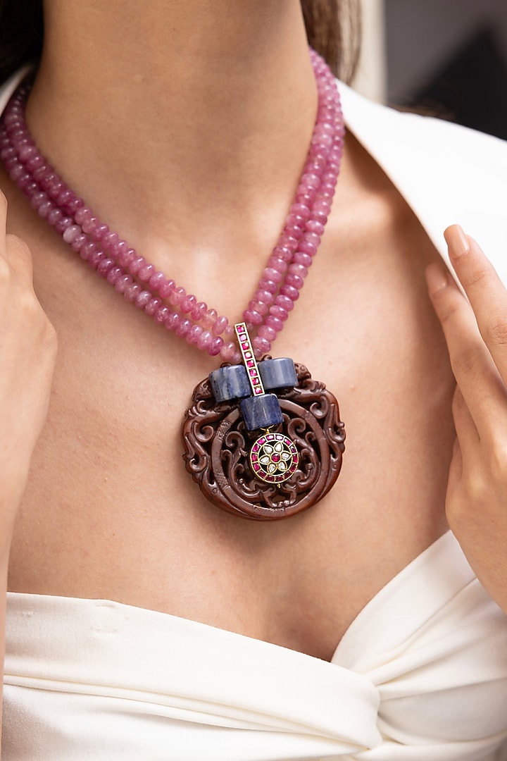 Gold Finish Pink Beaded Floral Pendant Necklace by Joules By Radhika at Pernia's Pop Up Shop