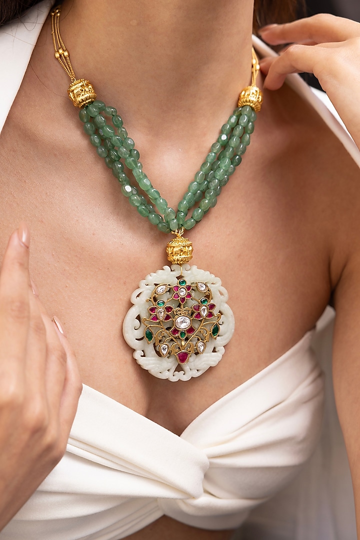Gold Finish Kundan Polki & Green Beaded Pendant Necklace by Joules By Radhika at Pernia's Pop Up Shop