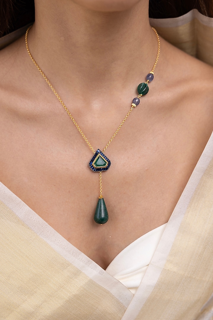 Gold Finish Blue Beaded Long Pendant Necklace by Joules By Radhika at Pernia's Pop Up Shop