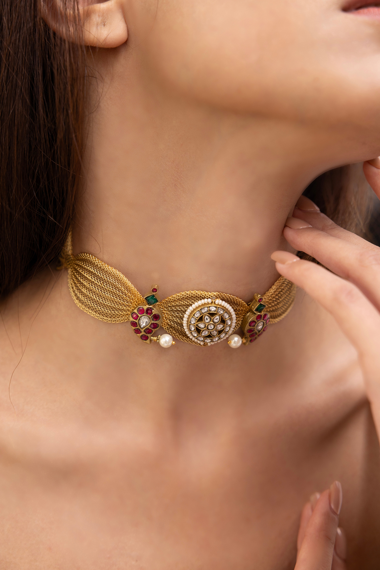 Gold Finish Ruby Beaded Mesh Choker Necklace by Joules By Radhika at Pernia's Pop Up Shop