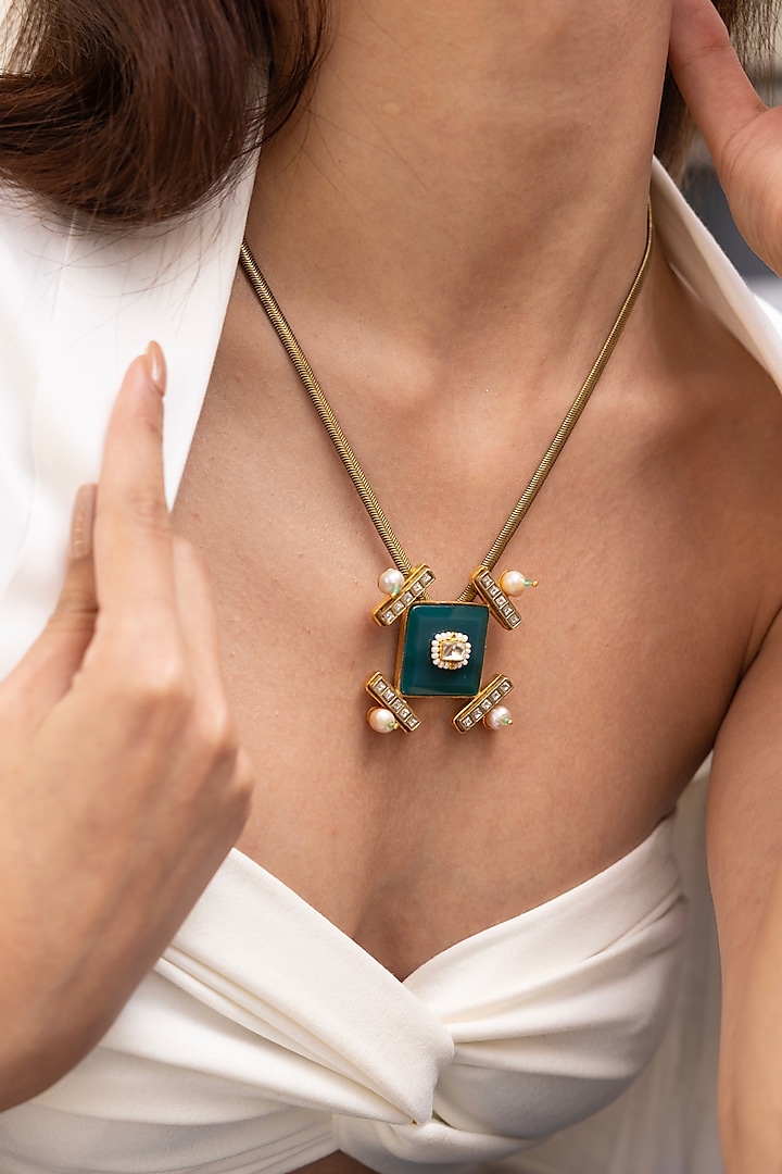 Gold Finish Green Stone Chain Necklace by Joules By Radhika at Pernia's Pop Up Shop