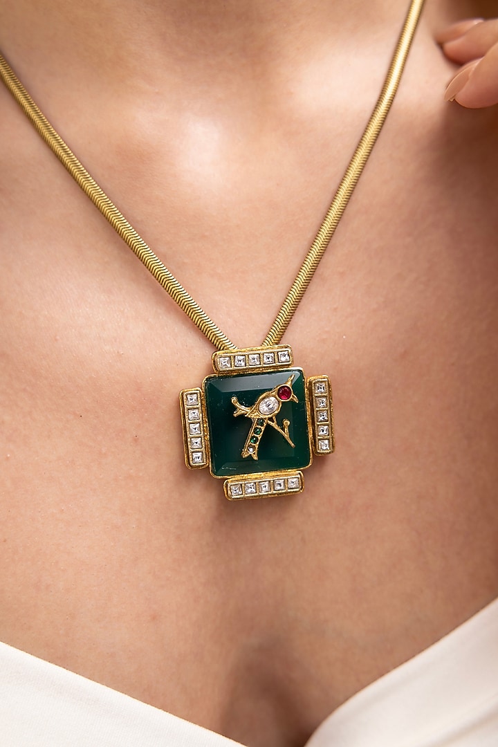 Gold Finish Sparrow Motif & Pearl Pendant Necklace by Joules By Radhika at Pernia's Pop Up Shop