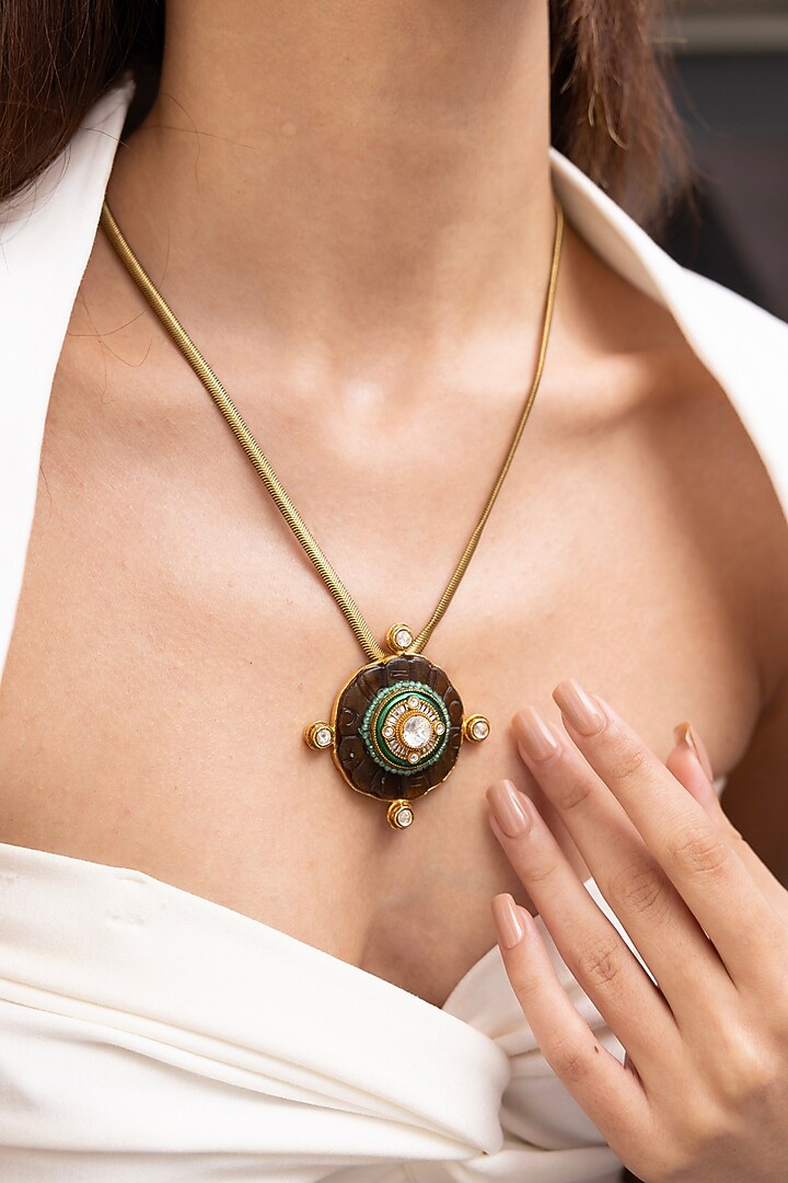 Antique Gold Finish Floral Motif Enameled Pendant Necklace by Joules By Radhika at Pernia's Pop Up Shop