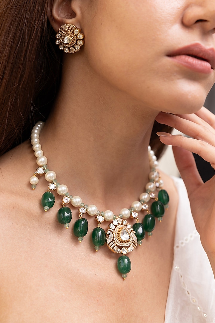 Gold Finish Green Gemstone & Kundan Polki Choker Necklace Set by Joules By Radhika at Pernia's Pop Up Shop