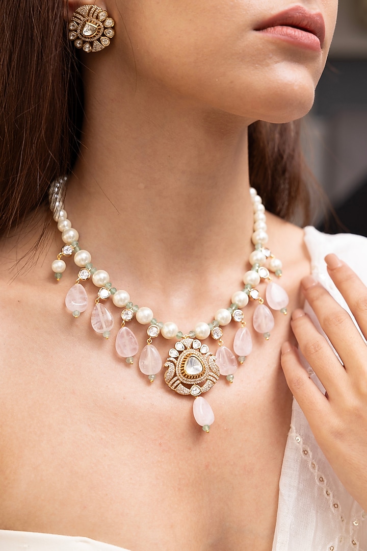 Gold Finish Pink Beaded & Kundan Polki Necklace Set by Joules By Radhika at Pernia's Pop Up Shop