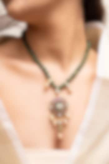 Gold Finish Kundan Polki & Green Beaded Pendant Necklace by Joules By Radhika at Pernia's Pop Up Shop