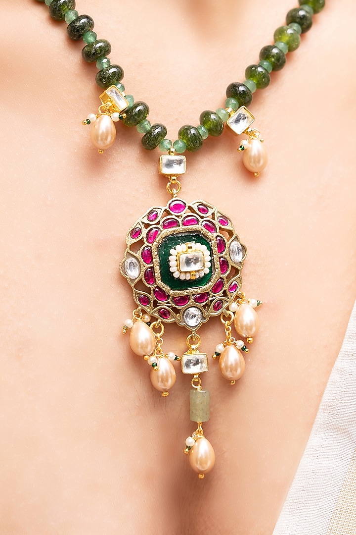 Gold Finish Kundan Polki & Green Beaded Pendant Necklace by Joules By Radhika at Pernia's Pop Up Shop