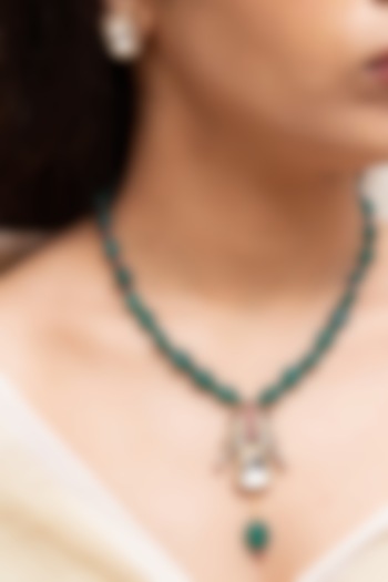 Gold Finish Turquoise Green Beaded & Pearl Drop Pendant Necklace Set by Joules By Radhika at Pernia's Pop Up Shop