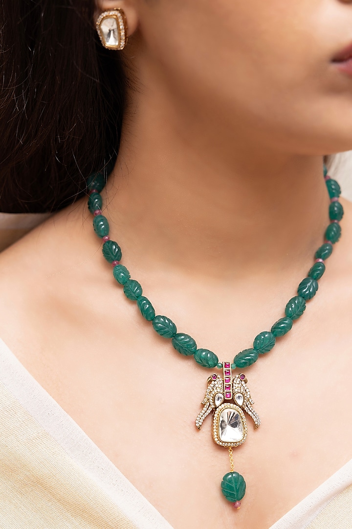 Gold Finish Turquoise Green Beaded & Pearl Drop Pendant Necklace Set by Joules By Radhika at Pernia's Pop Up Shop