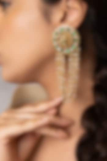 Gold Finish Green Gemstone & Pearl Dangler Earrings by Joules By Radhika at Pernia's Pop Up Shop