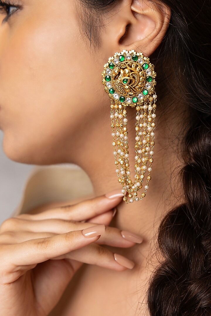 Gold Finish Green Gemstone & Pearl Dangler Earrings by Joules By Radhika at Pernia's Pop Up Shop