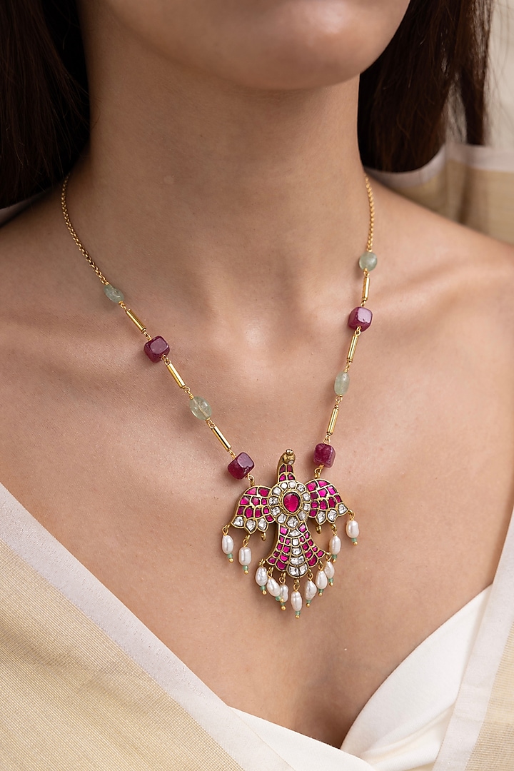 Gold Finish Ruby Stone Layered Necklace by Joules By Radhika at Pernia's Pop Up Shop