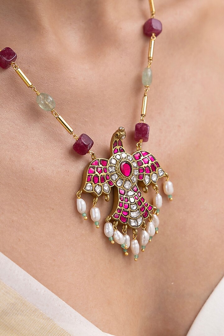 Gold Finish Ruby Stone Layered Necklace by Joules By Radhika at Pernia's Pop Up Shop