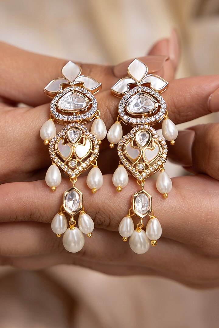 Gold Finish Kundan Polki & Pearl Dangler Earrings by Joules By Radhika at Pernia's Pop Up Shop