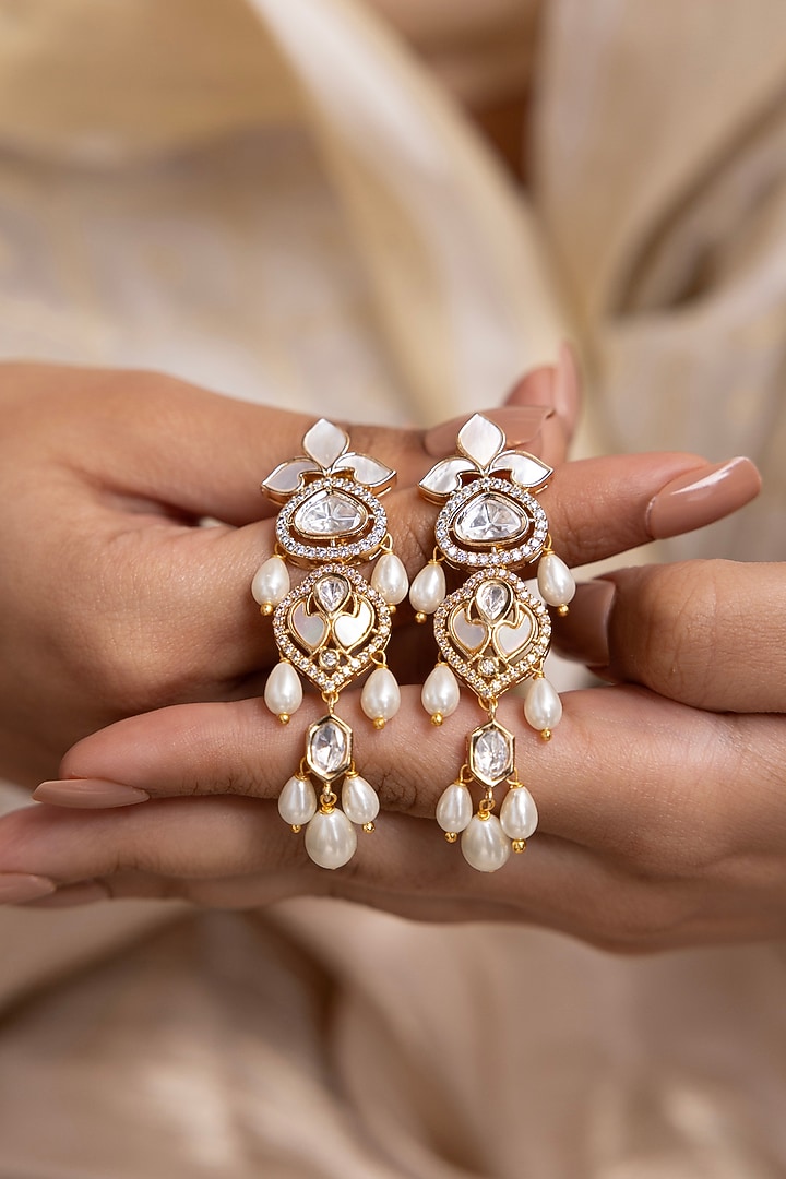 Gold Finish Kundan Polki & Pearl Dangler Earrings by Joules By Radhika at Pernia's Pop Up Shop