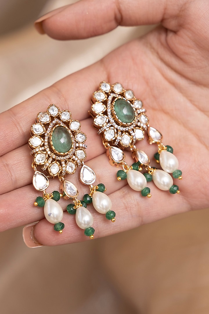 Gold Finish Kundan Polki & Pearl Drop Dangler Earrings by Joules By Radhika at Pernia's Pop Up Shop
