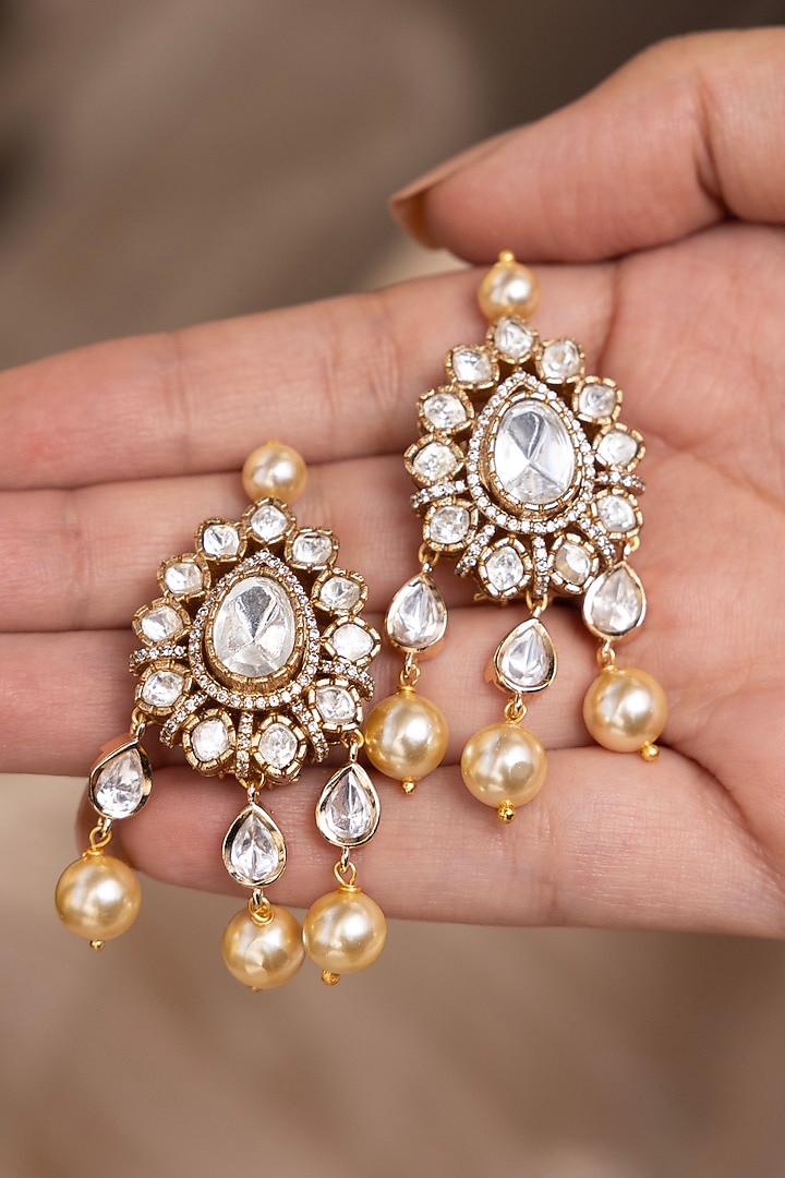 Gold Finish Kundan Polki & Pearl Drop Dangler Earrings by Joules By Radhika at Pernia's Pop Up Shop