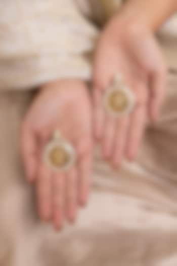 Gold Finish Floral & Goddess Motif Temple Dangler Earrings by Joules By Radhika at Pernia's Pop Up Shop