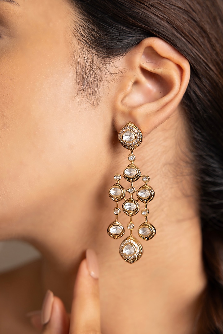 Gold Finish Kundan Polki Dangler Earrings by Joules By Radhika at Pernia's Pop Up Shop
