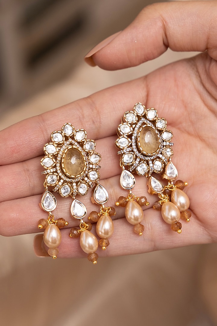 Gold Finish Kundan Polki Dangler Earrings by Joules By Radhika at Pernia's Pop Up Shop