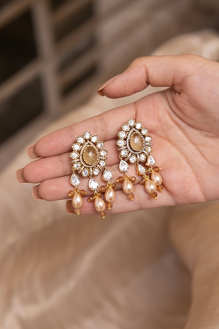 Gold Finish Kundan Polki Dangler Earrings by Joules By Radhika at Pernia's Pop Up Shop