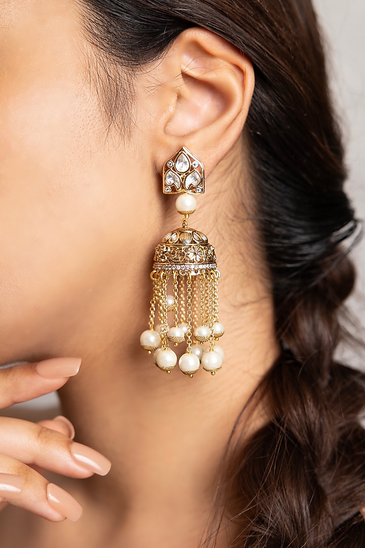 Gold Finish Pearl & Filigree Work Jhumka Earrings by Joules By Radhika at Pernia's Pop Up Shop