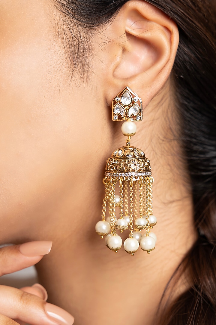 Gold Finish Pearl & Filigree Work Jhumka Earrings by Joules By Radhika at Pernia's Pop Up Shop
