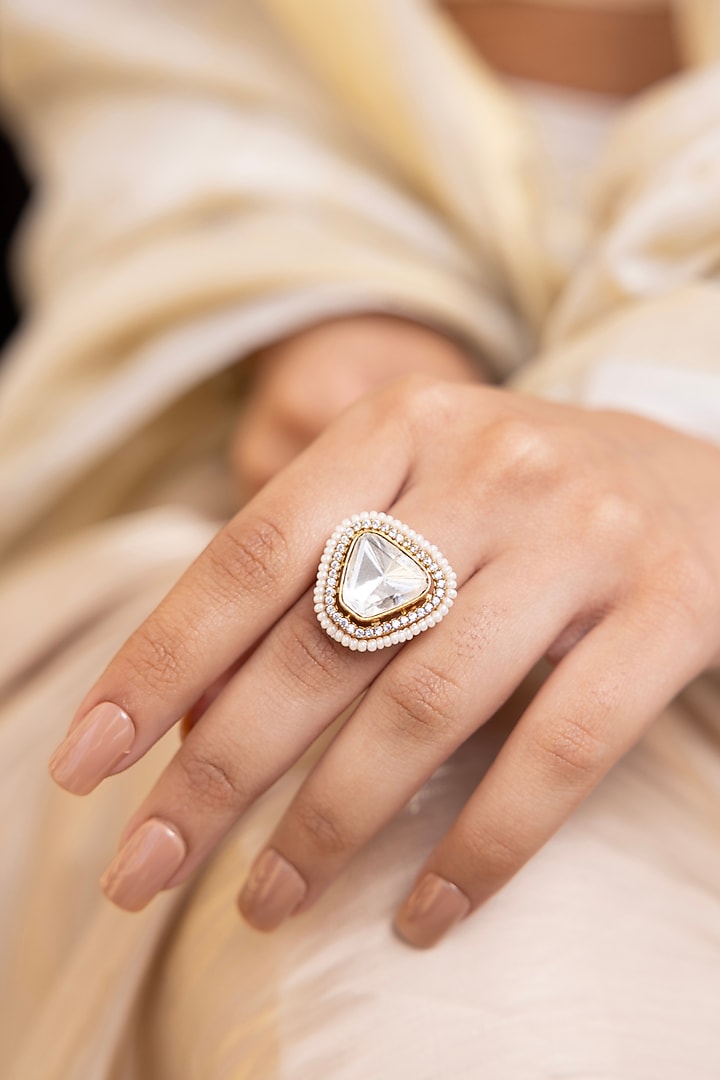 Gold Finish Kundan Polki & Beaded Ring by Joules By Radhika at Pernia's Pop Up Shop