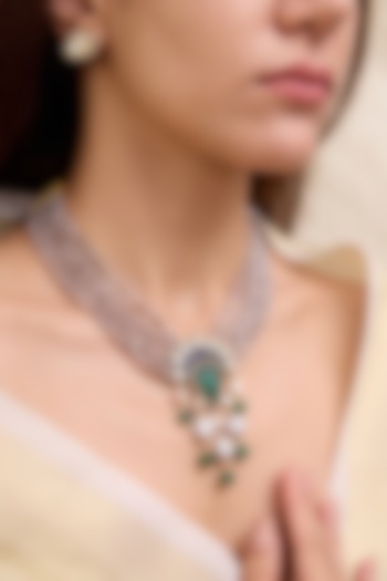 Silver Finish Kundan Polki & Emerald Stone Layered Necklace Set by Joules By Radhika at Pernia's Pop Up Shop