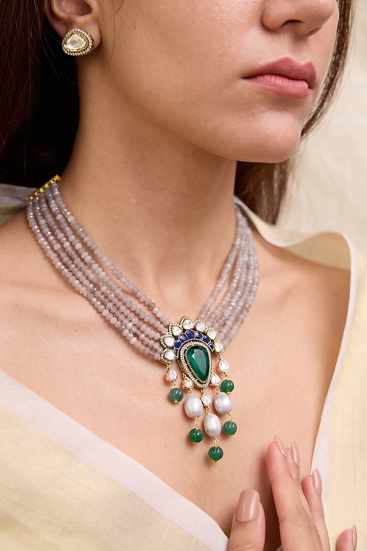 Silver Finish Kundan Polki & Emerald Stone Layered Necklace Set by Joules By Radhika at Pernia's Pop Up Shop