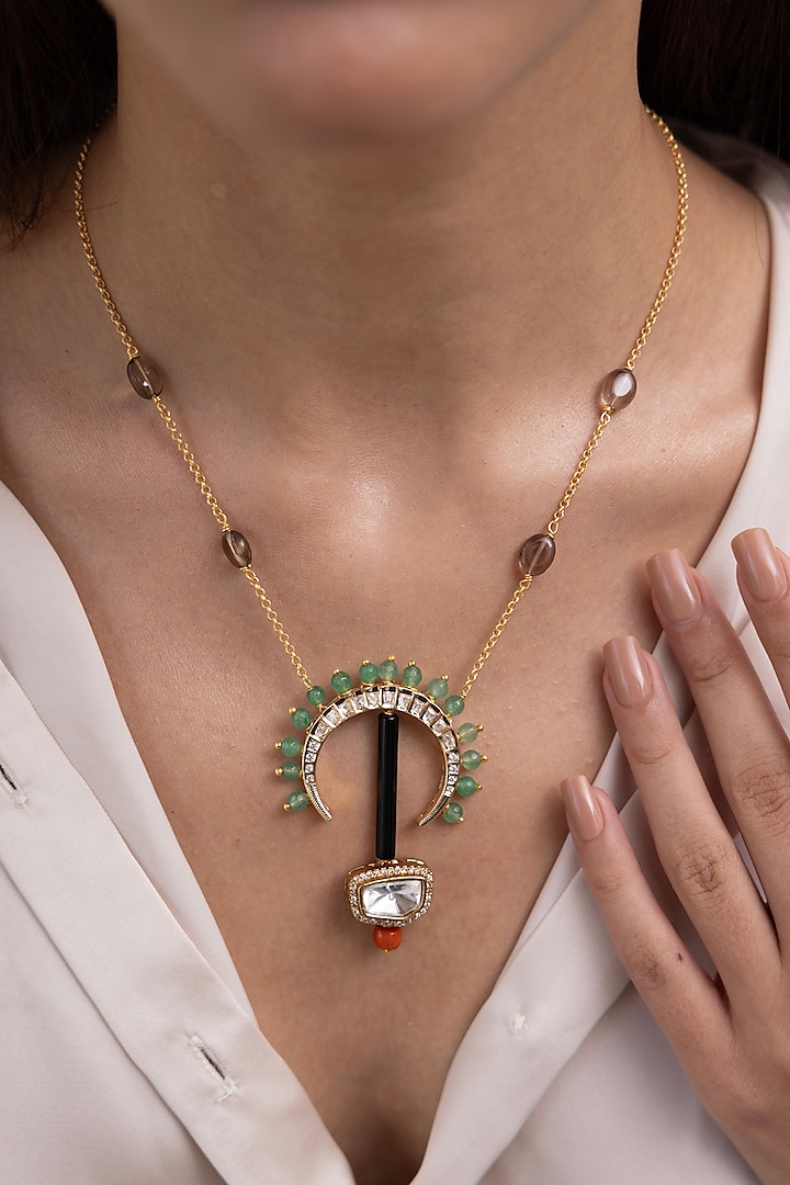 Gold Finish Pink Beaded Pendant Necklace by Joules By Radhika at Pernia's Pop Up Shop