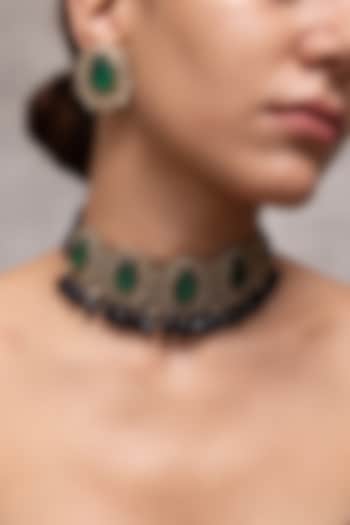 Gold Finish Green Stone & Navy Blue Enameled Choker Necklace Set by Joules By Radhika at Pernia's Pop Up Shop