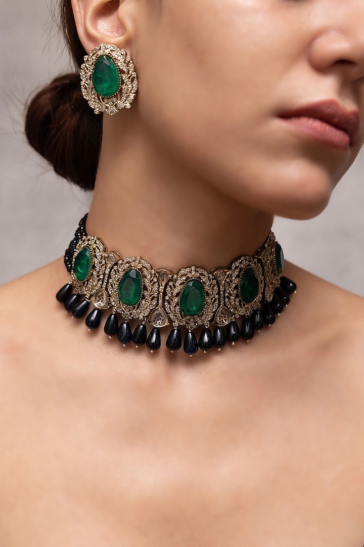 Gold Finish Green Stone & Navy Blue Enameled Choker Necklace Set by Joules By Radhika at Pernia's Pop Up Shop